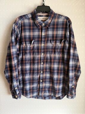 The Normal Brand Navy and Orange Plaid Button-Down Shirt